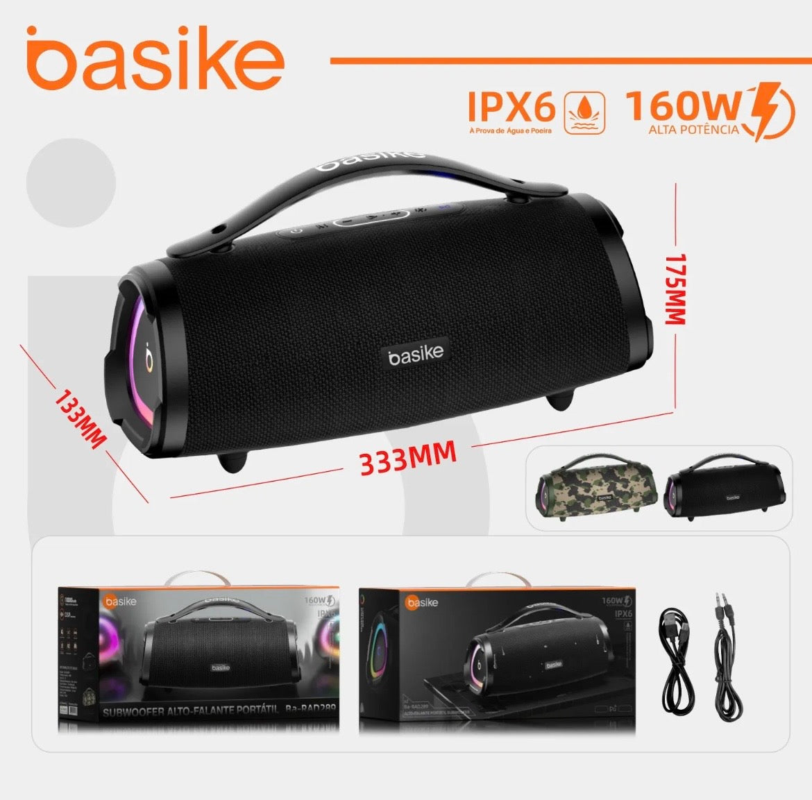 Caixa De Som BASIKE Portatil Bluetooth 160w 15hrs Hifi Tws 1+1 Ipx6