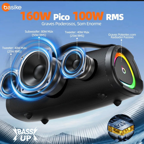Caixa De Som BASIKE Portatil Bluetooth 160w 15hrs Hifi Tws 1+1 Ipx6